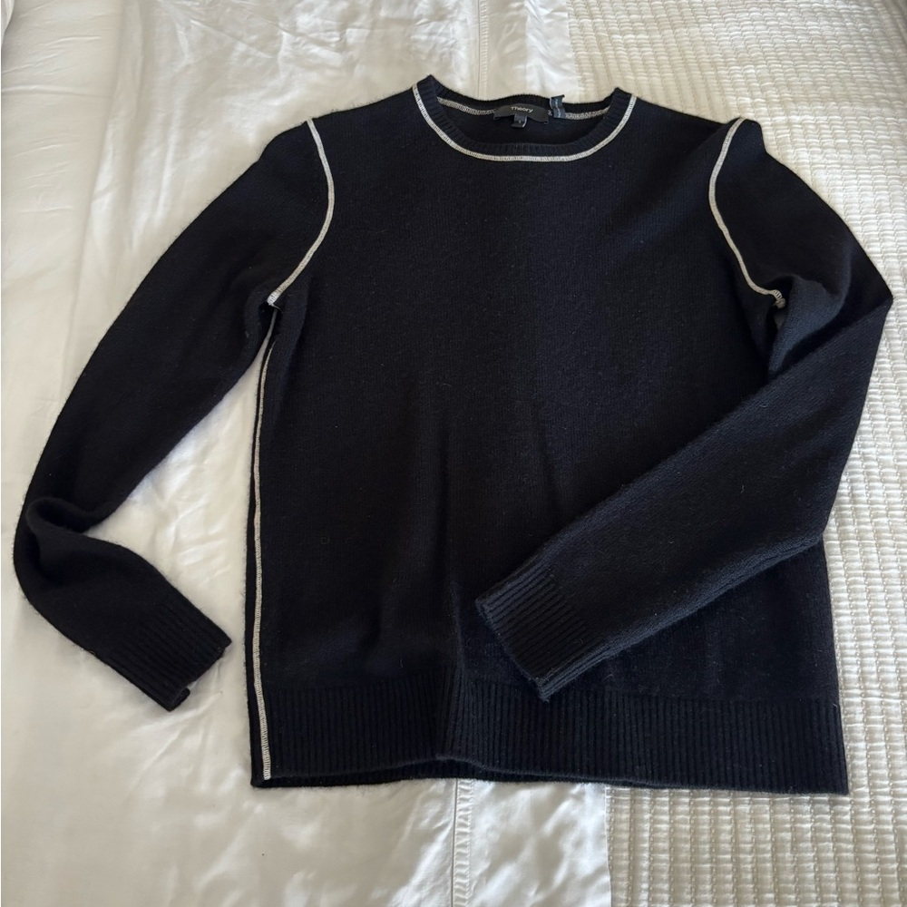 Theory Black Cashmere Crewneck Sweater with Contrast Trim